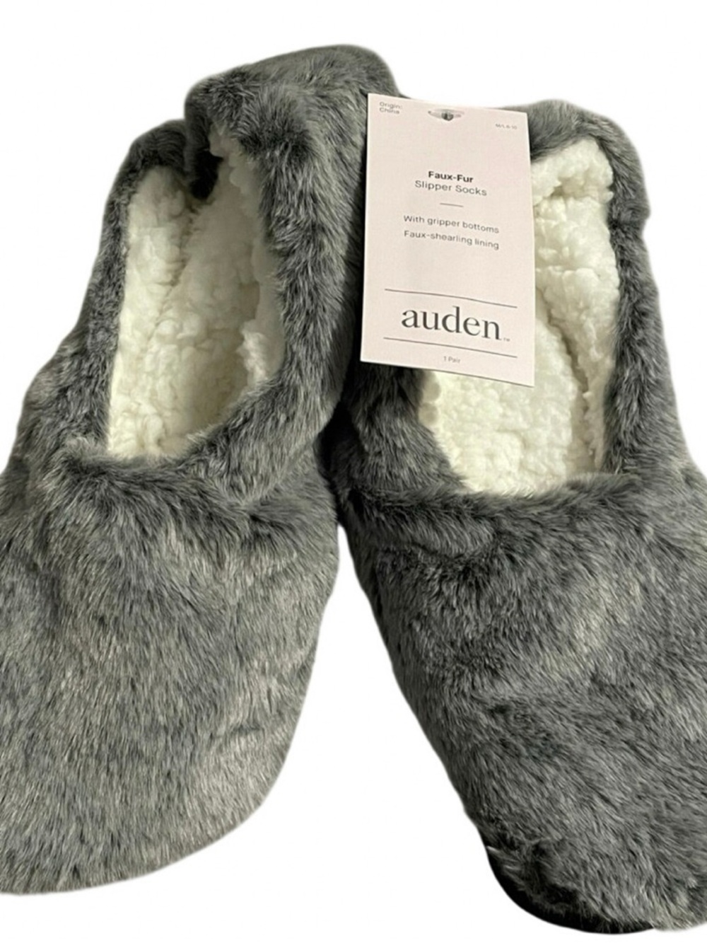 Auden Plush Faux-Fur House Slippers in Gray and White